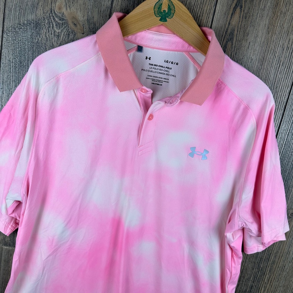Under Armour Iso-Chill Polo Shirt Pink Tie Dye HeatGear Loose Fit Mens Large
